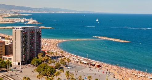 barceloneta beach in barcelona, spain. airview of the beach of barceloneta.