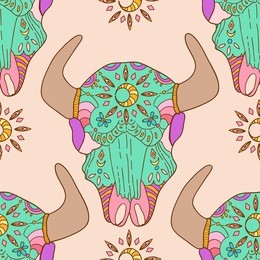 doodle bull skull with floral elements, seamless pattern, vector