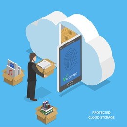 protected cloud storage flat isometric vector concept. man places his data to protected cloud storage via smartphone or tablet.
