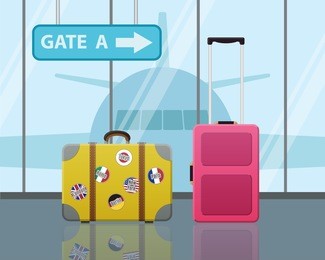 travel suitcases in airport with a plane in background. travel, business trip concept. modern flat design