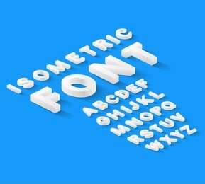 white isometric font alphabet with drop shadow on blue background. vector illustration