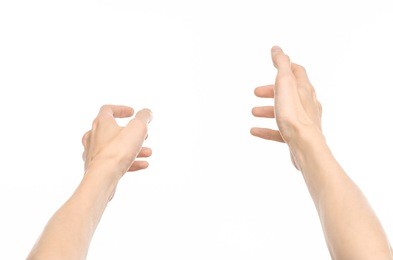 gestures topic: human hand gestures showing first-person view isolated on white background in studio
