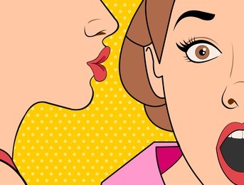 beautiful retro woman whispering a gossip to her surprised friend. vintage art.