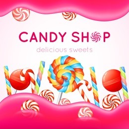 candy shop poster with multicolored candies on white and pink background vector illustration