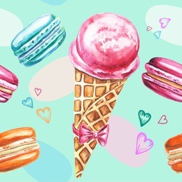 seamless decorative pattern with watercolor ice cream cone and macarons