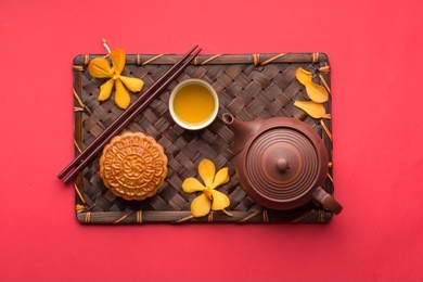 mooncake and tea,chinese mid autumn festival food. angle view from above