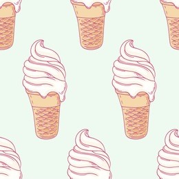 twisted ice cream in a waffle cone. stylized seamless pattern. vector illustration. green background