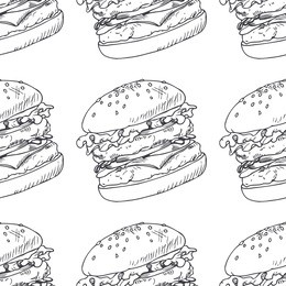seamless pattern with sketched burger, cheeseburger or hamburger. wrapping paper template for fast food restaurant. hand drawn food background. vector illustration