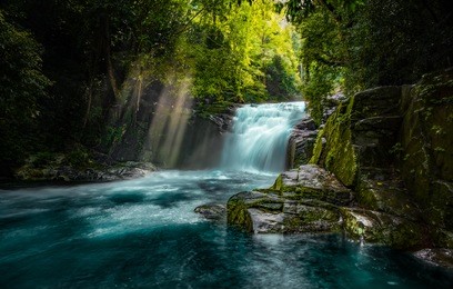 the waterfall with the crystal clear water 