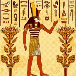 vintage poster with egyptian god on the grunge background with ancient egyptian hieroglyphs and floral elements. retro hand drawn vector illustration