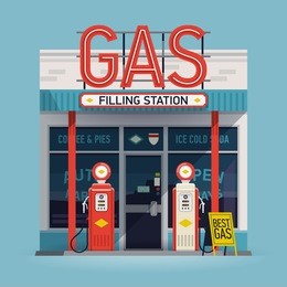 cool  vector detailed flat design retro gas filling station illustration. transport related service building  gasoline and oil station