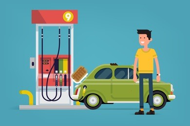 confident gas station customer standing full length smiling with vintage small gar filling next to gas pump
