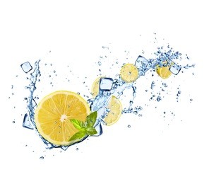 lemons slices in water splashes and ice cubes isolated on white background