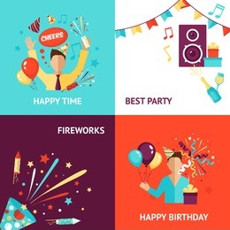 party design concept set with birthday fireworks flat icons isolated vector illustration