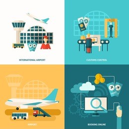 airport design concept set with customs control and online booking flat icons isolated vector illustration