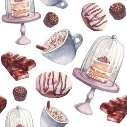 watercolor coffee and sweets seamless pattern. hand drawn vintage texture with chocolate, nuts candy, cup of cappuccino, rustic cake, pink donut on white background. food vector wallpaper