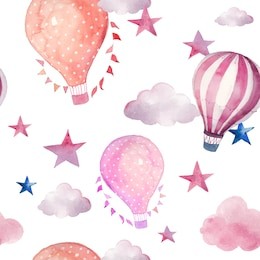 watercolor seamless pattern with air balloon and clouds. hand drawn vintage collage illustration with hot air balloon, flag garlands, abstract pastel clouds and stars. vector wallpaper