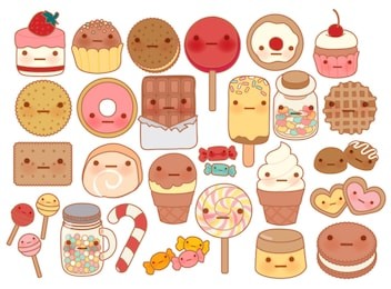 collection of lovely baby sweet and dessert doodle icon , cute cake , adorable candy , sweet ice cream , kawaii jelly bean , girly cookie in childlike manga cartoon style - vector file eps10