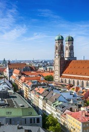aerial view of new town hall in munich, bavaria, germany with frauenkirche church (cathedral of our dear lady) 