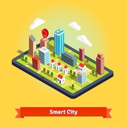 3d isometric navigation map of a small town on the tablet and destination point pin. gps route. flat isolated vector illustration on white background.