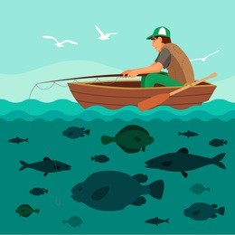 man fishing on the boat. lots of fish in the sea and seagulls in the sky. flat vector illustration.