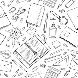 seamless stationery pattern. hand-drown black and white background. doodle stylish office pattern