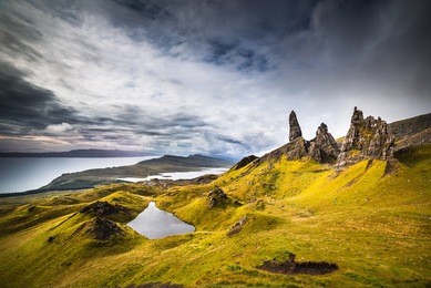 the old man of storr, isle of skye, scotland. the old man of storr during a very cloudy day.