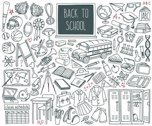 back to school doodle set. various school stuff - supplies for sport, art, reading, science, geography, biology, physics, mathematics, astronomy, chemistry. vector isolated over white background.