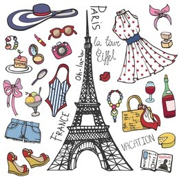 fashion illustration.paris france eiffel tower.women summer  dress,clothes,accessories,symbol.hand drawing fashionable vector  background,summer party ,vacation set.isolated sketches,design template