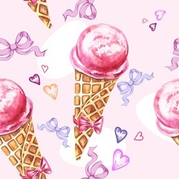 seamless decorative pattern with watercolor ice cream cone and bows