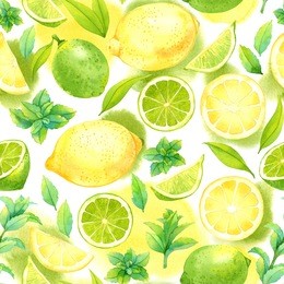 seamless pattern with watercolor lime, lemon and mint on white background