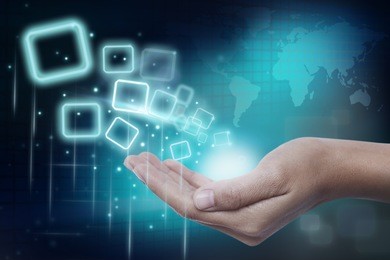 hand pushing in touch screen interface. business concept