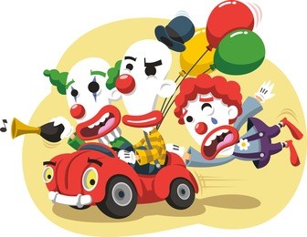 circus clown driving a car with balloons and horn in a performance event cartoon illustration