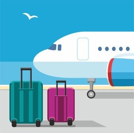 the plane, suitcases, seagull, blue sky, airport, baggage, vacation. color flat illustration with airplane and luggage on the runway. on the background of blue sky and seagulls. . 