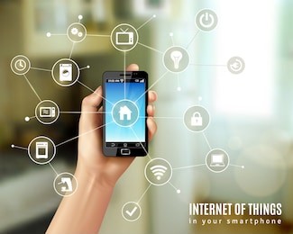 internet of things concept with realistic human hand holding smartphone vector illustration