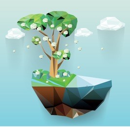 vector low poly island spring tree, season abstract illustration