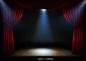 stage with red curtains spotlights and wooden podium. high quality vector