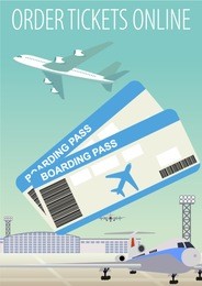 online ticket booking ordering and boarding pass and  airplane airport 