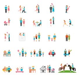 couple and family flat figures. people child girl daddy brother infant daughter sister mom. vector illustration