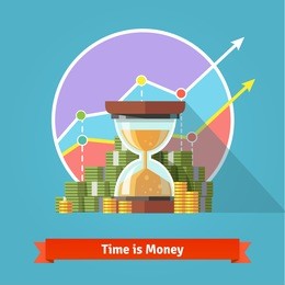 hourglass in a pile of stacked dollar bills and coin. time management concept. flat vector illustration.