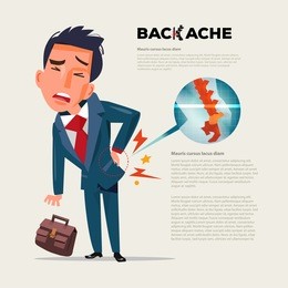 business man feeling pain in back. businessman suffering from back pain with film x-ray inside. character design - vector illustration