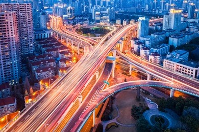 overpass closeup on city road junction at night in shanghai