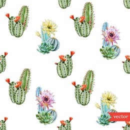 watercolor vector pattern tropical cactus, cactus with red flowers, yellow flowers