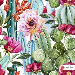 watercolor vector pattern with flowers roses and cactus, bright tropical pattern