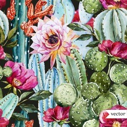 watercolor vector pattern with flowers roses and cactus, bright tropical pattern, dark background