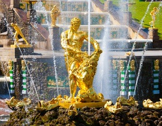 amazing beautiful landscape old historical garden building palace golden sculpture statues and fountains spray water peterhof city saint petersburg north country russia unesco world heritage luxury 