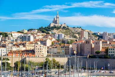 aerial panoramic view on basilica of notre dame de la garde and old port  in marseille, france