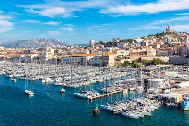 aerial panoramic view on basilica of notre dame de la garde and old port  in marseille, france