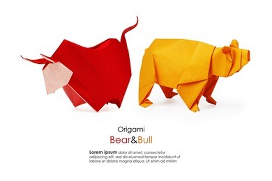 bear and bull origami paper business analising market on a white background