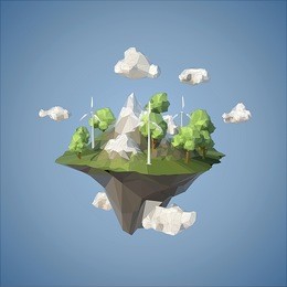 island floating in the sky with wind turbine and trees, low poly style.